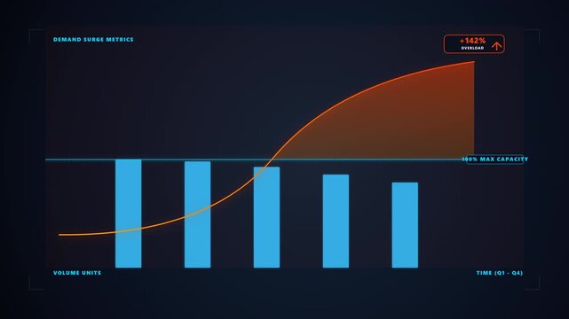 Industrial supply chain data visualization motion graphic showing customer demand surging and breaking through maximum 100% production capacity limit creating a deficit bottleneck. Premium 8-second 4K