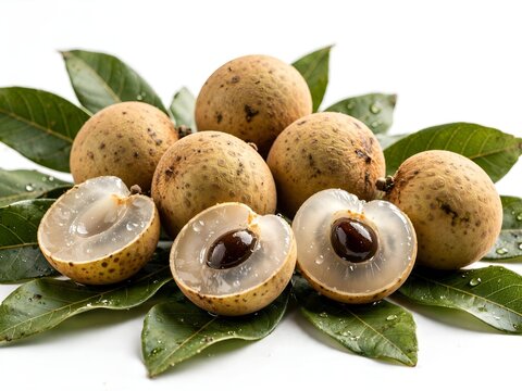 A Cluster of Ripe Longan Fruits with Leaves on White Background