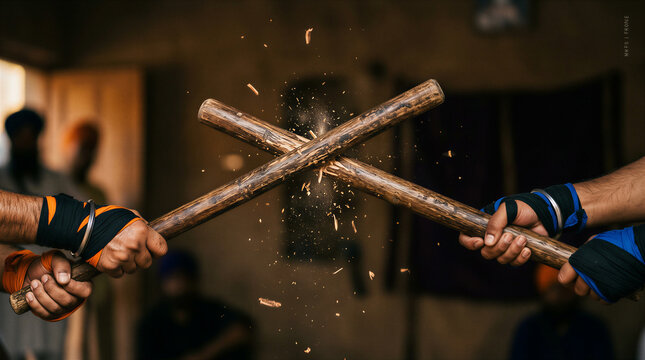 Two people clash sticks in a traditional sport during a cultural event