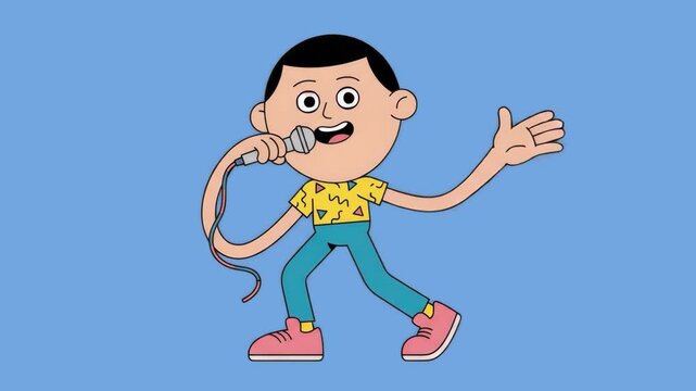 A fun 2D cartoon male character performing and singing into a microphone with passion, isolated on a light blue background. Suitable for music festival promos, stage performance animations, karaoke ap