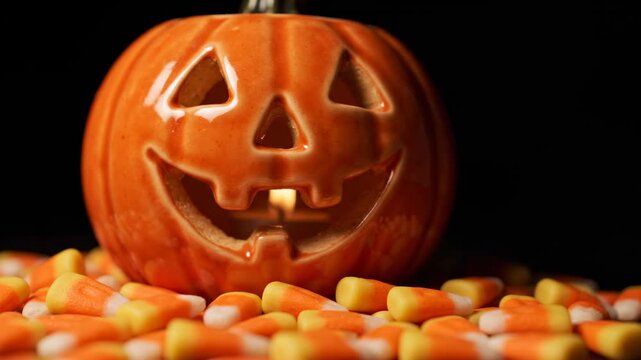 Jack o lantern on pile of candy corn