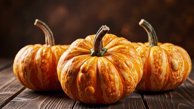 Three small orange pumpkins on wooden table