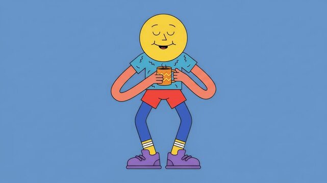 A peaceful 2D cartoon character with a yellow sun head holding a mug with both hands, sipping warm coffee or tea with eyes closed happily, isolated on a light blue background. Suitable for morning rou