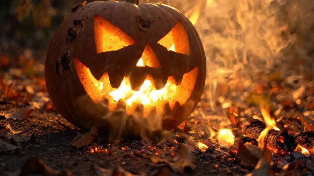 Jack o lantern pumpkin burning in fire