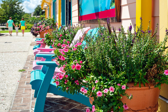 A row of vibrantly colored Adirondack chairs alongside pink periwinkle flowers and purple lavender at a colorful coastal boardwalk in Myrtle Beach, South Carolina.
