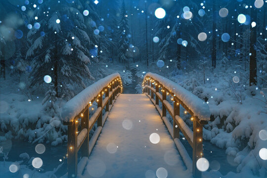 Snowy brigde with winter bokeh