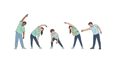 Obraz premium A set of five diverse young people in casual activewear performing different stretching exercises in a line against a white background.