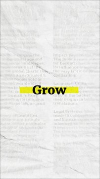 Grow text - on yellow banner over vintage minimalist white newspaper background