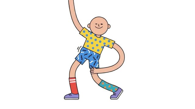 A whimsical 2D animated cartoon man with exaggerated long arms and legs dancing or stretching while speaking, isolated on a solid white background. Designed for humorous commercials, creative brand pr