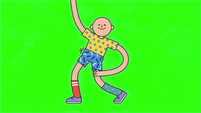 A silly 2D cartoon character with long flexible limbs dancing and stretching happily while talking, isolated against a bright chroma key green screen background. Great for comedy videos, fitness app p