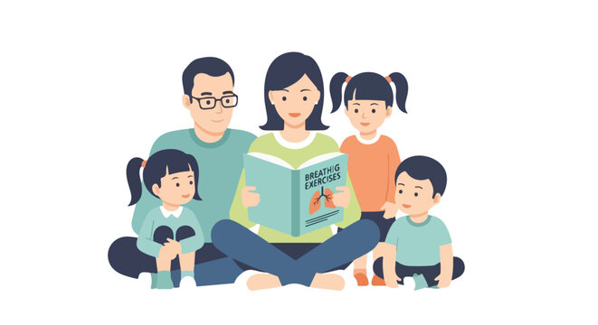 A vector illustration of a happy family with three children sitting together while the mother reads a book on breathing exercises.