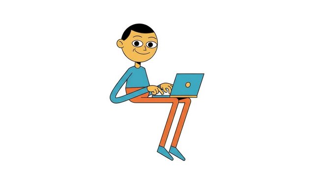A quirky 2D flat style cartoon man sitting and typing on a laptop computer while talking, isolated on a clean white background. Ideal for modern software explainer videos, remote work promos, tech sta