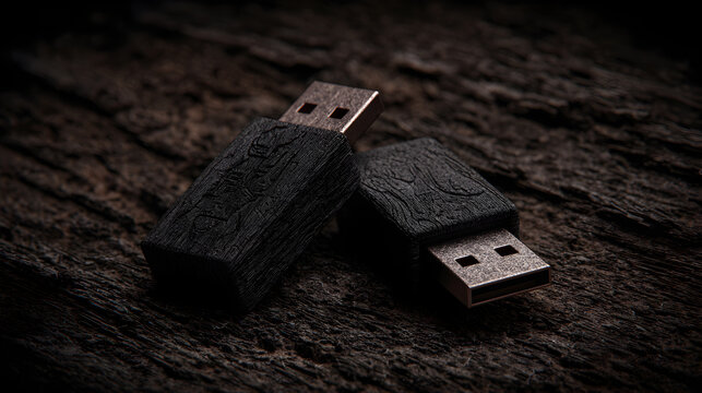Two black usb flash drives lying on a dark wooden table surface