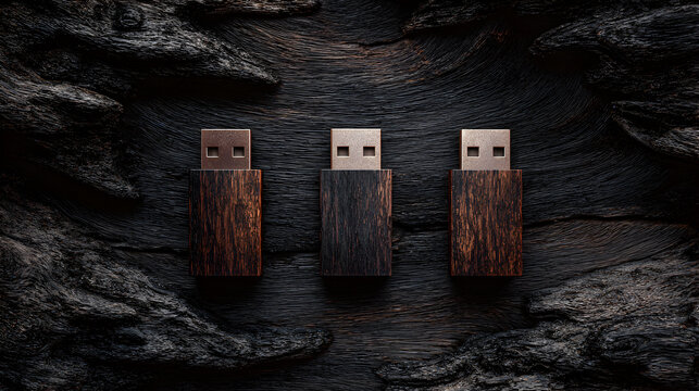 Three black usb flash drives standing on a dark textured surface