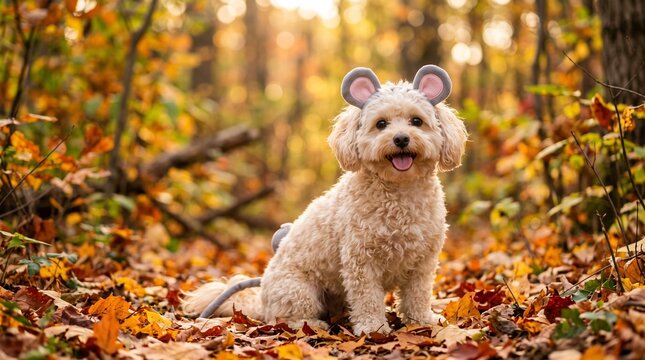 Cute Maltipoo Dog Wearing Mouse Ears Costume in Autumn Forest