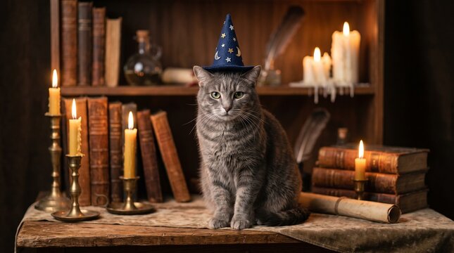 Cute Grey Cat Wearing Wizard Hat in Vintage Study with Candles and Books