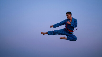 Obraz premium Martial artist performing a high kick during sunset in an open area