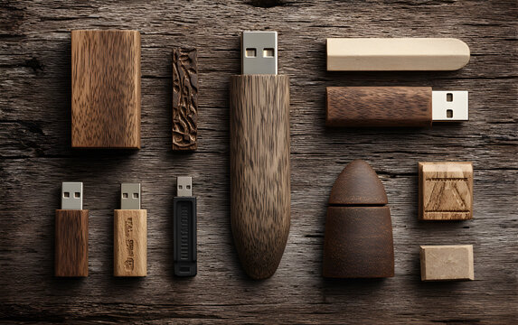 Collection of wooden usb flash drives on a dark rustic wooden background