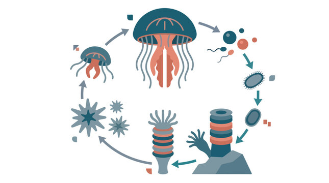 Jellyfish life cycle and cnidarian reproduction stages in modern flat vector for marine biology education