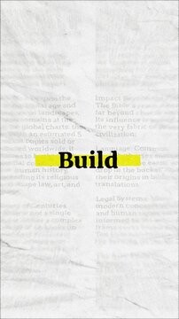 Build text - on yellow banner over vintage minimalist white newspaper background