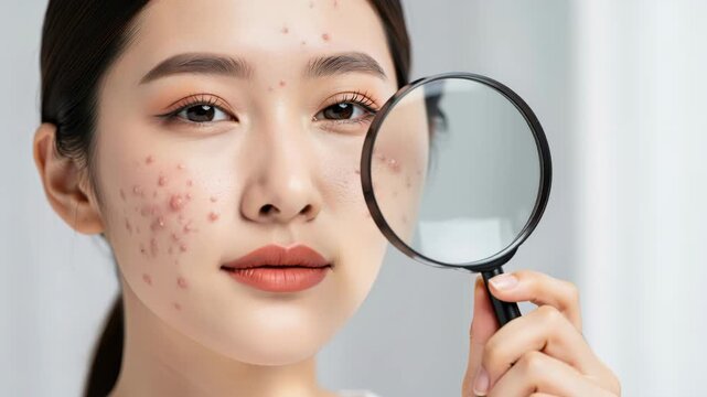 Skincare Concern: A young woman examines her acne-prone skin magnified by a magnifying glass, highlighting imperfections and the search for clear skin.