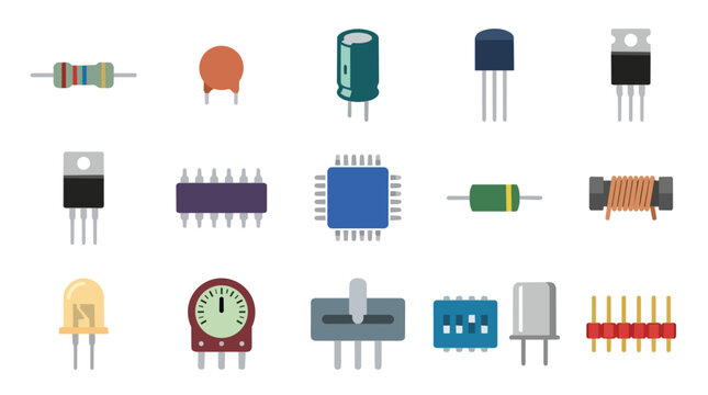 Electronic component icons and circuit hardware elements in professional flat vector for electrical engineering and pcb design resources