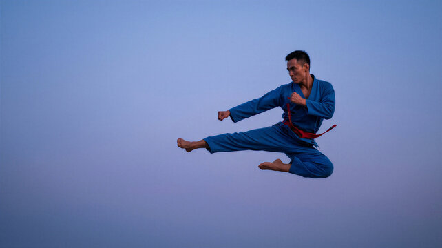Martial artist performing a high kick during sunset in an open area