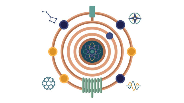 Quantum physics atomic model and celestial mechanics diagram in a professional flat vector for scientific education and academic publishing