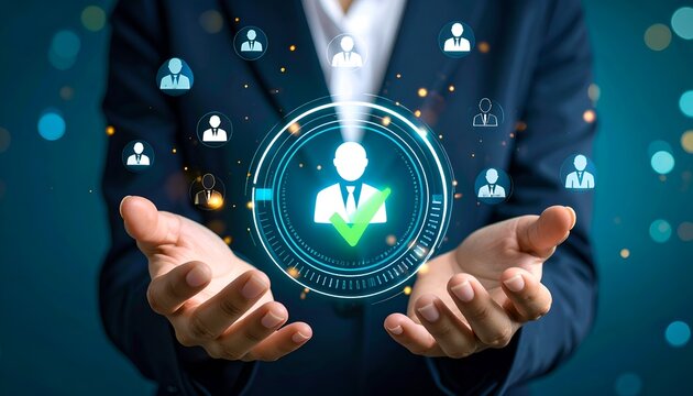 Business professional holding a glowing verified candidate profile surrounded by employee icons, representing recruitment screening, talent selection, and human resources technology.