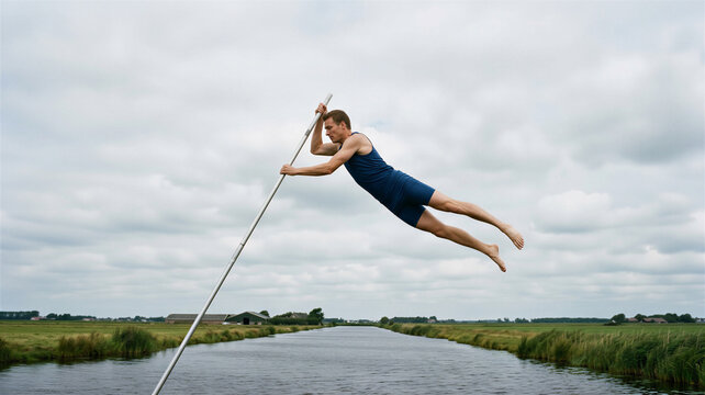 Man performs pole vault near a river with green grass in the background during cloudy weather in a rural area