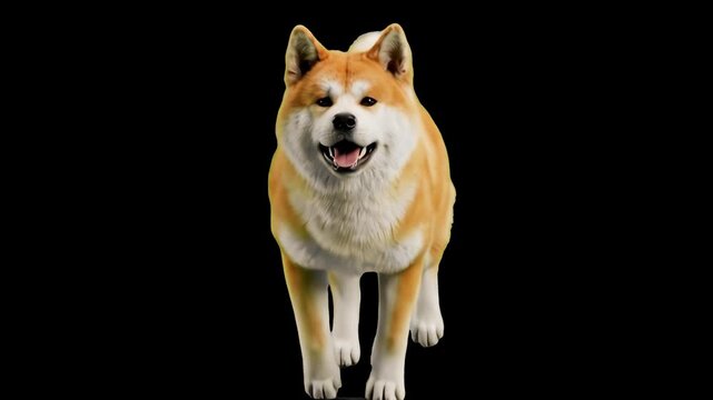 An Akita Inu dog with fluffy tan and white coat running towards the front view, set against a solid black background. Designed for cinematic animal overlays, dog brand advertisements, dramatic pet pro