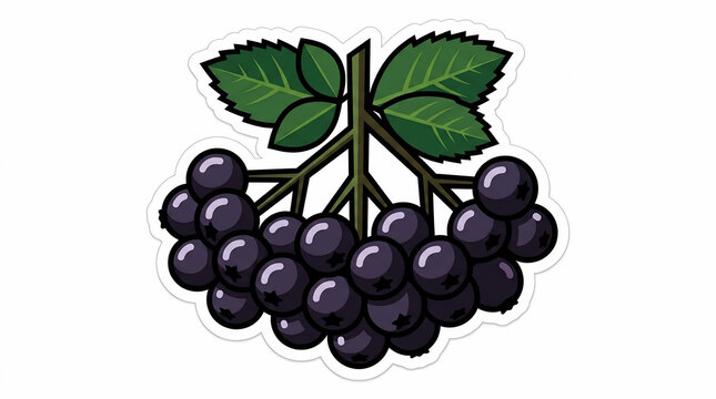 Vector illustration of a fresh cluster of black elderberries with green leaves, isolated on white background