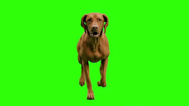 A sleek Hungarian Vizsla dog running forward directly towards the camera, isolated on a solid green chroma key background. Suitable for active dog product ads, athletic pet commercials, hunting dog cl
