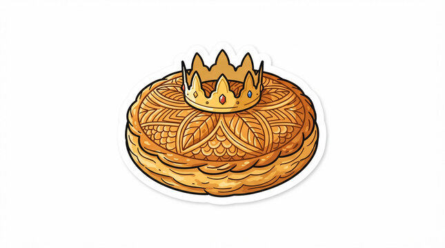 Traditional French Galette des Rois Epiphany King Cake with Golden Crown Sticker Vector Illustration