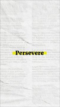 Persevere text - on yellow banner over vintage minimalist white newspaper background
