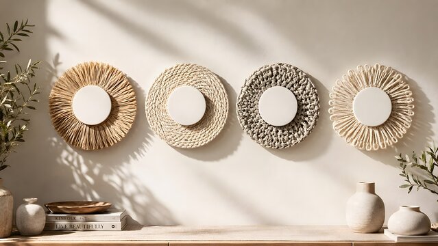 Boho interior design woven wall decor natural rattan macrame straw circles hanging on beige wall with minimalist ceramic vases and leaf shadows
