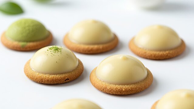 Close-up of round cookies with smooth white chocolate coating and green matcha powder, minimalist dessert arrangement for sweet snack or confectionery display