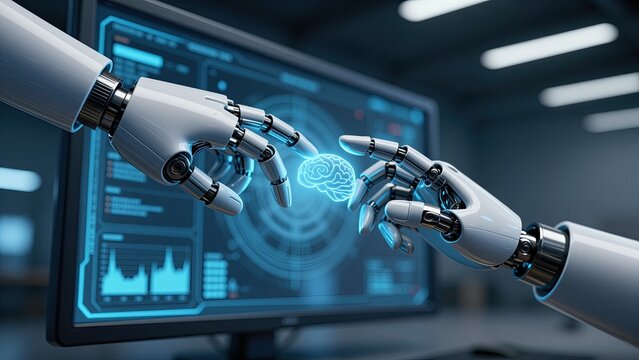 Futuristic robotic hands interacting with a digital brain model on a computer screen, representing artificial intelligence, robotics, and technological advancement in a high-tech l