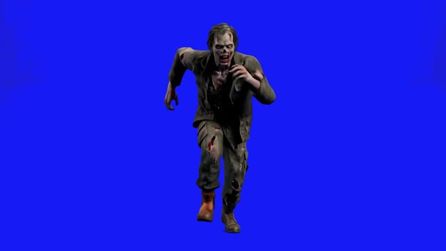 A terrifying male zombie in tattered clothes running directly towards the camera, set against a solid blue studio background. Ideal for horror movie trailers, Halloween event promos, apocalyptic video