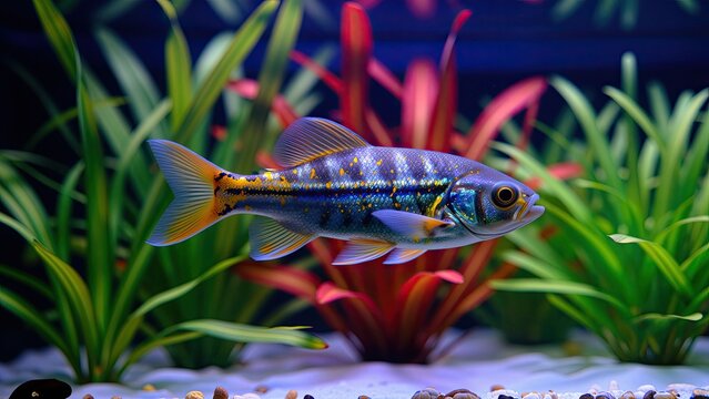 Colorful tropical freshwater fish swimming among lush aquatic plants in aquarium, vibrant underwater scene for aquatic life or hobby themes