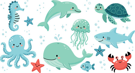 Naklejka premium Cute sea animals set with happy smiling marine creatures including whale dolphin shark octopus and sea turtle, adorable underwater life cartoon clip art vector illustration