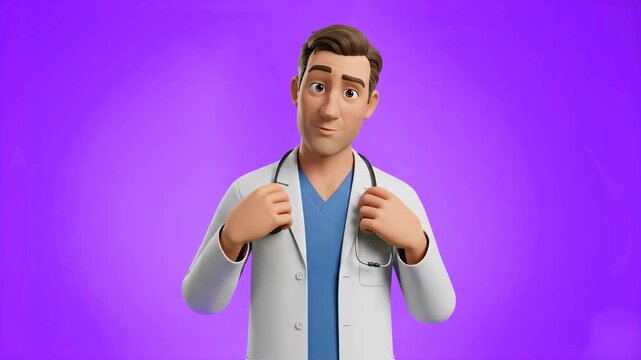 A professional 3D male doctor character in a white coat holding his stethoscope while talking isolated on a vibrant purple background. Suitable for medical explainer videos, healthcare commercials, cl