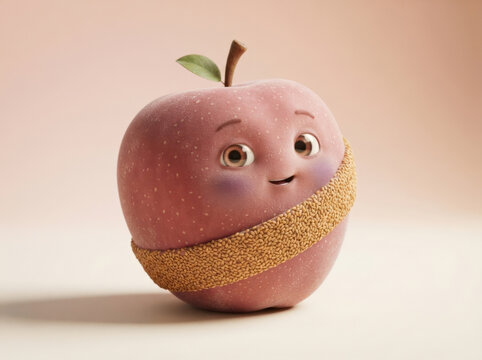 Pink apple character with cute eyes and sesame seeds belt for creative food branding or engaging educational kids media content.