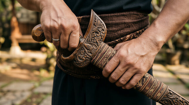 Warrior preparing a traditional sword in a cultural setting during the day