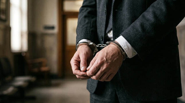 Man in suit with hands cuffed behind his back in a courtroom