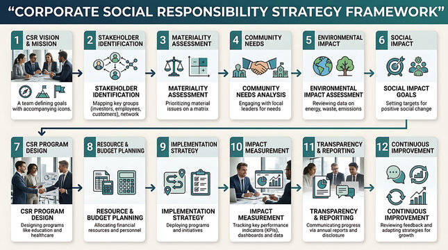 Corporate Social Responsibility Strategy Framework, CSR Business Plan, Sustainability Management, ESG Implementation Steps, Ethical Business Practices, Environmental Social Governance