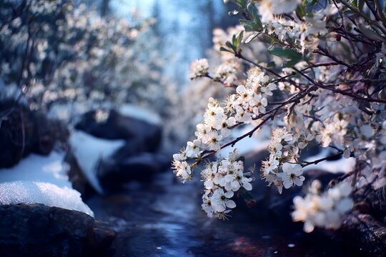 Snowy Spring - Blossoms and Stream in a Winter Landscape.