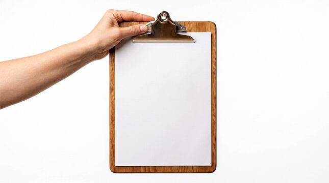 Hand holding a wooden clipboard with blank white paper for notes