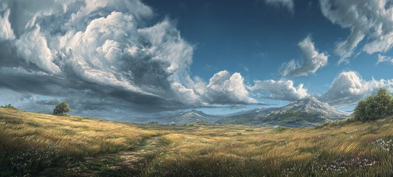Vast open landscape painting with dramatic clouds and rolling hills.