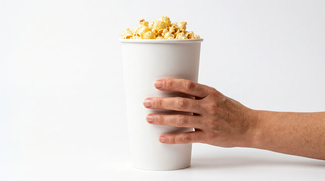 Hand holding a large bucket of popcorn against a white background